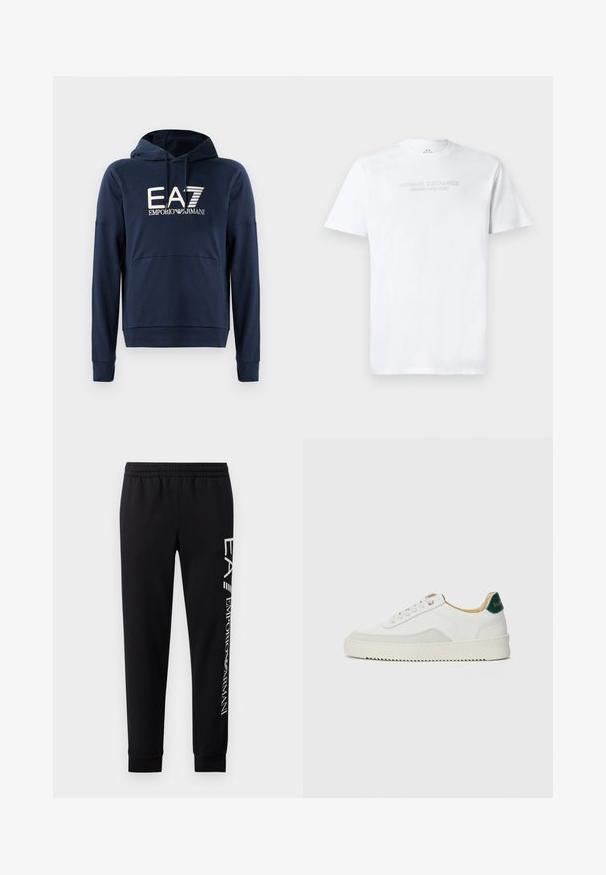 Navyblauwe hoodie van zacht materiaal, voorzien van een kangoeroezak, ribgebreide boorden en het EA7 Emporio Armani-logo op de voorkant.; Witte katoenen t-shirt met een ronde hals, korte mouwen en een reliëflogo "ARMANI EXCHANGE MILANO/NEW YORK" op de voorkant.; Zwarte sweatpants van een katoenmix, met een elastische tailleband, taps toelopende benen, ribgebreide boorden en een wit logo-opdruk langs de zijkant.; Witte sneaker met suède accenten, ronde neus, platte veters en een crème rubberen zool. Bevat groene branding op de hiel.