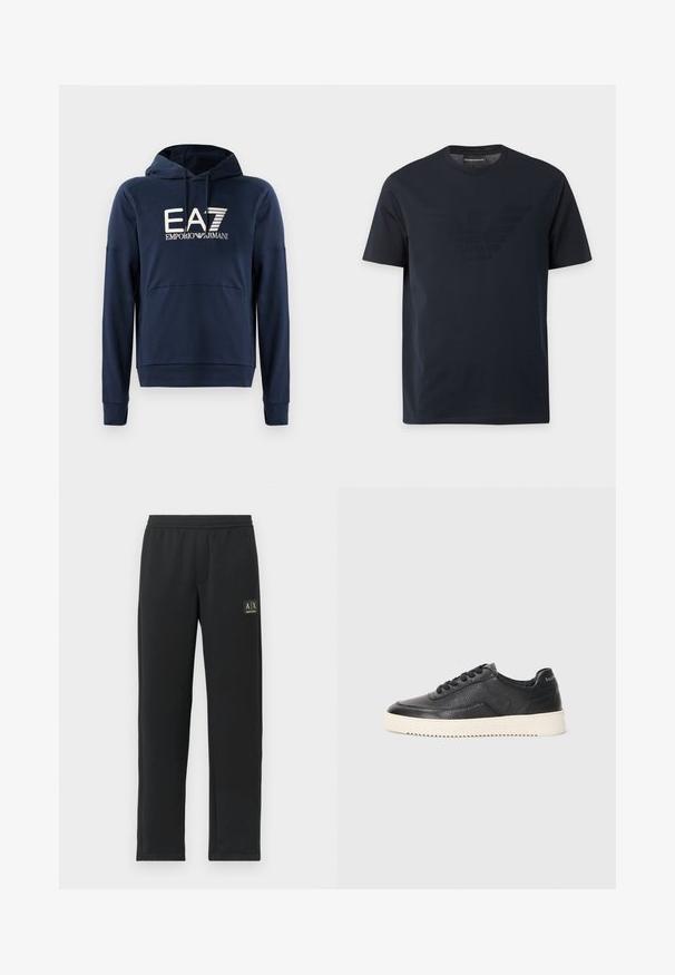 Sudadera azul marino hecha de tela suave, cuenta con un bolsillo canguro, puños acanalados y el logo de EA7 Emporio Armani en el frente.; Camiseta negra de manga corta con cuello redondo, con un sutil logo de águila en relieve en el pecho y una etiqueta de marca dentro del cuello.; Pantalones de chándal negros de pierna recta con cintura elástica y logotipo negro en el muslo izquierdo superior.; Zapatillas de cuero negro con acabado texturizado, puntera redonda y suela de goma blanca plana. Presenta cordones negros y una marca en el talón.