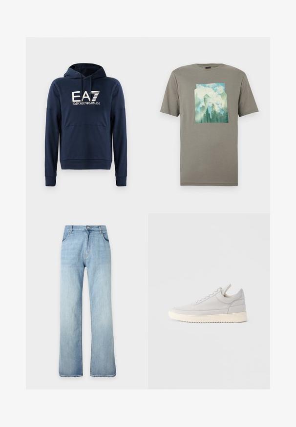 Marineblå hættejakke lavet af blødt stof, har en kængurulomme, ribbede manchetter og EA7 Emporio Armani-logoet på forsiden.; Grå bomuld t-shirt med korte ærmer og et rektangulært grafisk tryk, der forestiller et landskab med træer og skyer i lyseblå og grønne nuancer.; Lyseblå straight-leg denimjeans med forreste knap- og lynlåslukning, forlommer og bæltestropper, vist mod en ensfarvet baggrund.; Lysegrå lædersneaker med teksturerede sider, snørebånd foran og cremefarvet gummisål. Har en glat tåhætte og minimalistiske designdetaljer.