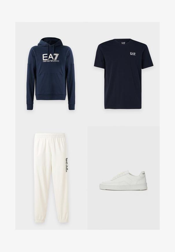 Sudadera azul marino hecha de tela suave, cuenta con un bolsillo canguro, puños acanalados y el logo de EA7 Emporio Armani en el frente.; Camiseta negra de manga corta con cuello redondo y pequeño logo blanco EA7 Emporio Armani en el pecho izquierdo.; Pantalones deportivos de un color beige claro con cinturilla elástica y puños elásticos. Presenta un logo negro impreso en la pierna izquierda. Textura de tela suave.; Zapatilla de cuero blanca con un acabado suave, puntera redonda, cordones planos y suela texturizada. Cuenta con un sutil logo en el talón.