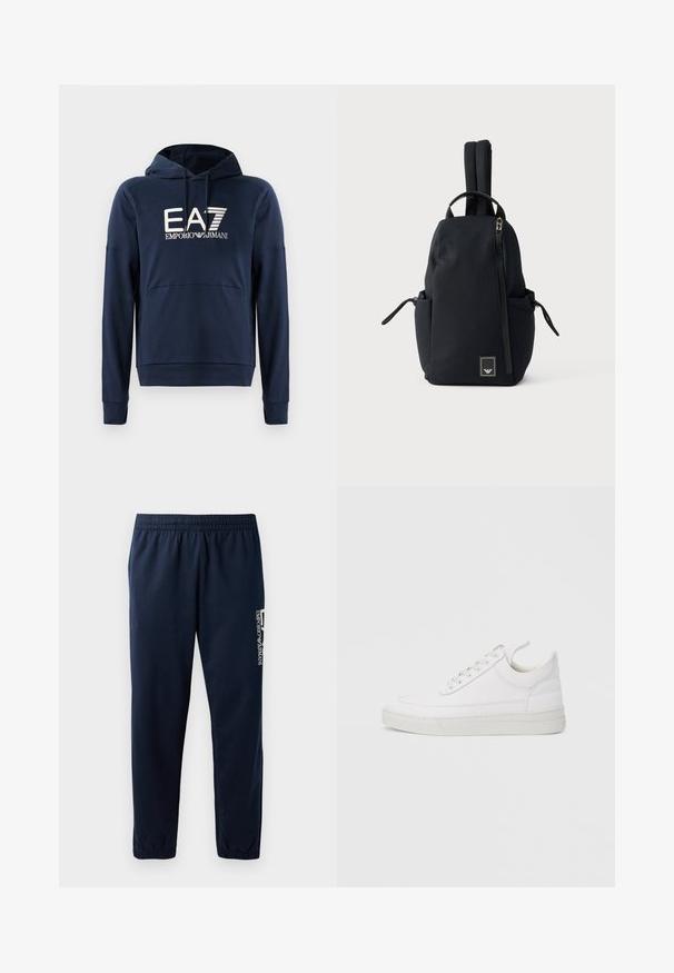 Marineblå hættejakke lavet af blødt stof, har en kængurulomme, ribbede manchetter og EA7 Emporio Armani-logoet på forsiden.; Marineblå sweatpants med elastisk talje, tætsiddende ben og et hvidt logo på siden. Glat stof med en let tekstur.; Hvid lædersneaker med rundet tå, flad sål og snørebånd foran. Har syningsdetaljer og polstret krave for komfort.; Sort rygsæk med lodrette ribber, topgreb, to polstrede skulderstropper, sidelommer og en skrå lynlås foran.