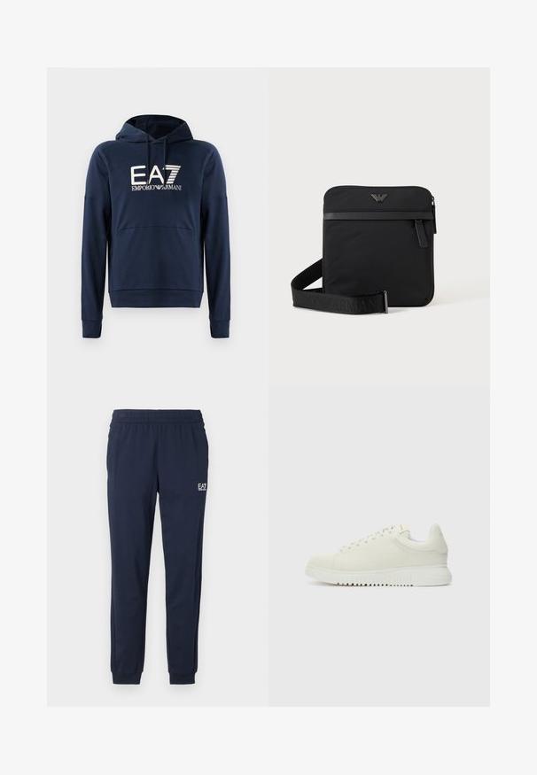Navyblauwe hoodie van zacht materiaal, voorzien van een kangoeroezak, ribgebreide boorden en het EA7 Emporio Armani-logo op de voorkant.; Marineblauwe sweatpants met een elastische tailleband en boorden. Voorzien van een klein wit logo op het linkerpant. Gemaakt van een zachte, rekbare stof.; Witte leren sneaker met een textuur bovenkant, ronde neus, vlakke witte zool en tonale veters. Subtiele branding op de tong.; Zwarte vierkante schoudertas met ritssluiting, voorvak en verstelbare band met geperste merknaam.