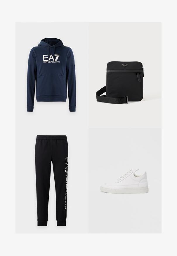 Sudadera azul marino hecha de tela suave, cuenta con un bolsillo canguro, puños acanalados y el logo de EA7 Emporio Armani en el frente.; Pantalones de chándal negros hechos de una mezcla de algodón, con una cinturilla elástica, piernas estrechas, puños acanalados y estampado de logo blanco en el lateral.; Zapatilla blanca de cuero con punta redondeada, suela plana y cierre de cordones. Presenta detalles de costuras y un cuello acolchado para mayor comodidad.; Bolso de hombro negro cuadrado con cierre de cremallera, bolsillo delantero y correa ajustable con nombre de marca en relieve.