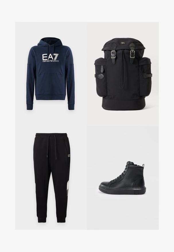 Marineblå hættejakke lavet af blødt stof, har en kængurulomme, ribbede manchetter og EA7 Emporio Armani-logoet på forsiden.; Sorte joggerbukser med elastisk talje og snøre, der har sidelommer, manschetter ved anklerne og lille hvidt logo på øverste lår.; Sort læder ankelstøvle med struktureret overflade, rund tå, snørebånd fortil og en svag hæl med gummisål.; Sort rygsæk med to frontspænder, sidelommer og en topklap, vist mod en ensfarvet lys baggrund.