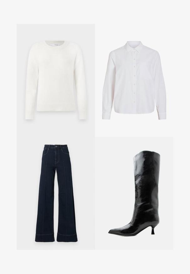 Hvid langærmet strikket sweater med ribbede manchetter, kant og rund halsudskæring på en ensfarvet hvid baggrund.; Hvid skjorte med lange ærmer, knapper foran, klassisk krave, enkelt brystlomme, lavet af glat, let stof med løs pasform.; Mørkeblå, vide jeans med høj talje, der har forlommer og synlige sømme. Lavet af denimstof med en glat tekstur.; Sort skinnende knæhøj læderstøvle med spids tå og lav buet hæl på en ensfarvet lys baggrund.