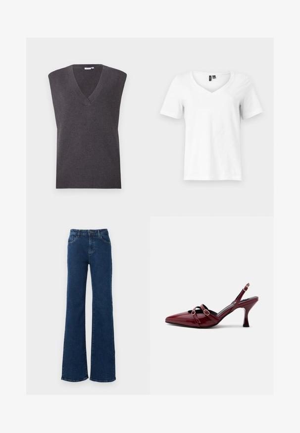 VILA VICHELLE V NECK OVERSIZED - Pullover - dark grey melange; T-shirt blanc à manches courtes en col V avec étiquettes noires visibles au col sur fond gris clair.; Jean en denim bleu foncé taille haute avec jambes évasées, bouton devant, fermeture éclair et poches devant et derrière.; Escarpin slingback bordeaux brillant à bout pointu avec deux fines brides et petites boucles dorées à l'avant et à la cheville.