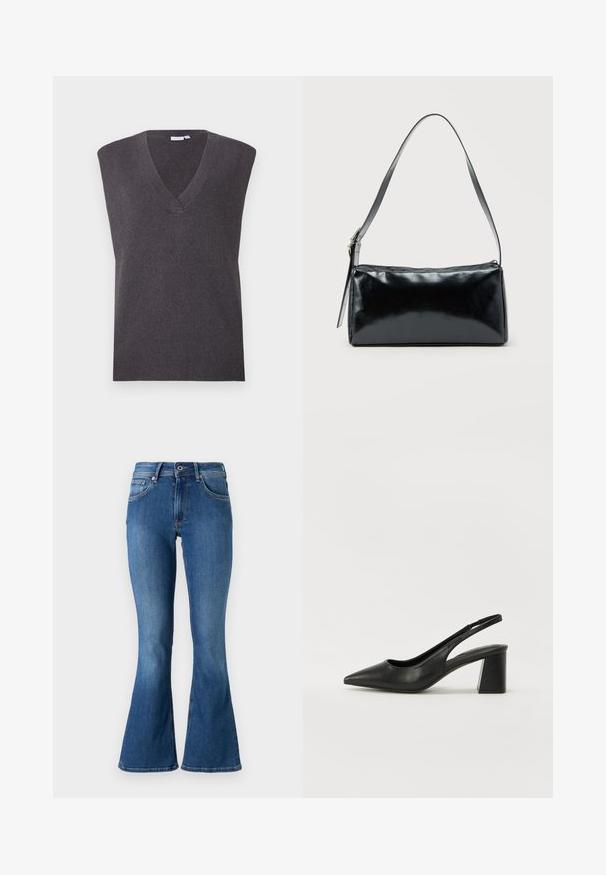 VILA VICHELLE V NECK OVERSIZED - Pullover - dark grey melange; Jean en denim bleu évasé avec une taille mi-haute, doté de cinq poches, d'une fermeture à bouton et d'une légère décoloration le long des jambes.; Escarpins en cuir noir à talon ouvert avec un bout pointu et un talon bloc. Présente un design découpé et une texture lisse, minimaliste et moderne.; Sac d'épaule rectangulaire noir avec une sangle réglable unique et une fermeture éclair supérieure sur un fond uni.