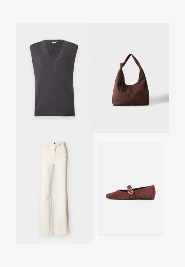 VILA VICHELLE V NECK OVERSIZED - Džemper - dark grey melange; Kreemjasvalged kõrge vöökohaga teksad, esitelje nööp, lukk, ees- ja tagataskud ning veidi pahupidi lõikega sääred.; Pruun seemisnahast Mary Jane stiilis tasane king kuldse pandla ja musta tallaga valgel taustal.; Pruun tekstuuriga kangast käekott, millel on üks käepide ühe sõlmega, esitatud ühevärvilise heleda taustaga.
