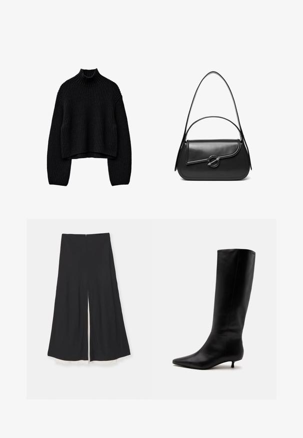 Pull en laine noir avec un col montant, au design court, texture côtelée et manches larges. Présente des détails en tricot torsadé sur les côtés.; Pantalon noir à jambes larges avec une fente devant, présentant une texture lisse et une doublure blanche contrastante au niveau de l'ourlet. Fermeture zippée au dos.; Botte noire en cuir jusqu'au genou avec bout pointu et petit talon kitten sur un fond clair uni.; Sac à bandoulière en cuir noir avec un rabat incurvé fermé par un fermoir métallique rond et une sangle fine et ajustable.