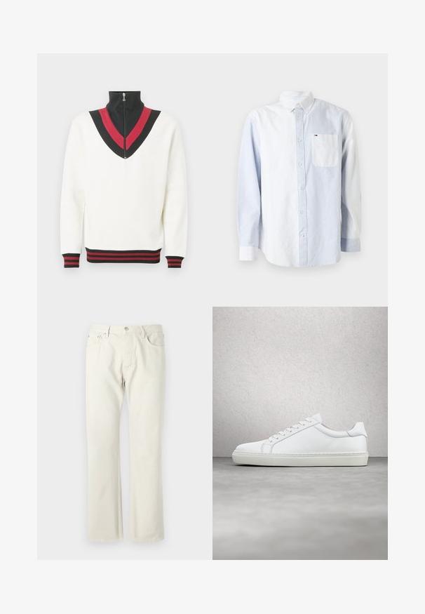 Hvid pullover med høj krave, der har et sort og rødt V-formet design på brystet samt kontrasterende ribstrikkede manchetter og kant.; Lyseblå skjorte med knapper, hvor venstre side er ensfarvet og højre side har lodrette hvide striber. Den har en brystlomme og krave med knapper.; Lys beige straight-leg jeans lavet af bomuldsdenim. Har lommer, en klassisk knaplukning og en subtil tekstur uden mønstre.; Hvide sneakers med en glat læderoverdel og lav profil. Har en rund tå, seks snørehuller og en tekstureret gummisål.