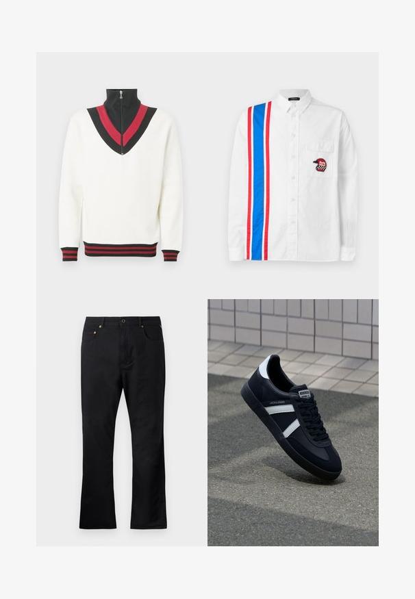 Jersey blanco con cuello alto, que presenta un diseño en forma de V en negro y rojo en el pecho y puños y dobladillo acanalados en contraste.; Camisa blanca de botones con un diseño de rayas azules y rojas en un lado y un bordado de un casco negro en el bolsillo del pecho.; Pantalones de mezclilla negros con corte recto, que cuentan con bolsillos frontales, cierre de botón y acentos de herrajes en tono dorado. Textura suave.; Zapatilla de cuero negra con rayas blancas, suela de goma texturizada y parte frontal con cordones. Cuenta con una etiqueta de marca en la lengüeta.