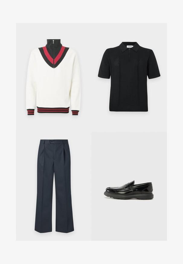 Jersey blanco con cuello alto, que presenta un diseño en forma de V en negro y rojo en el pecho y puños y dobladillo acanalados en contraste.; Polo negro de manga corta, con cierre de cremallera en el cuello, patrón texturizado en los laterales y ribete acanalado. Confeccionado con tela transpirable.; Pantalones de pierna ancha a rayas marinas con pliegues frontales, cierre de un botón y tela suave. Presentan rayas verticales verdes como detalle.; Mocasín de cuero negro con un acabado brillante, punta redondeada, detalles de costura sutiles y una suela de goma gruesa para mayor durabilidad.