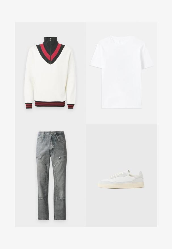 Jersey blanco con cuello alto, que presenta un diseño en forma de V en negro y rojo en el pecho y puños y dobladillo acanalados en contraste.; Camiseta de algodón blanca con un corte clásico de cuello redondo y mangas cortas, que presenta una textura suave y un diseño de ajuste regular.; Jeans de mezclilla gris con corte recto, que cuentan con bolsillos frontales, costuras visibles y un acabado desgastado. El material tiene una textura suave.; Zapatilla blanca con parte superior texturizada de ante y cuero. Presenta una puntera redondeada, cierre con cordones y suela de goma beige contrastante.
