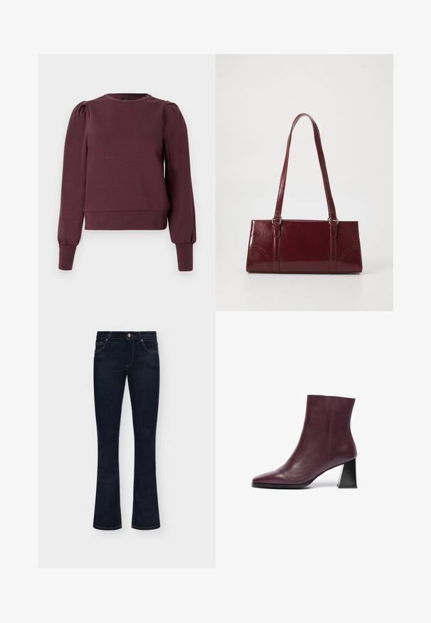 Sweat-shirt bordeaux avec manches longues bouffantes et poignets côtelés. Matière douce, encolure ronde et ourlet ajusté. Texture lisse.; Jean en denim bleu foncé avec une taille mi-haute, un bouton sur le devant et un léger évasement en bas sur un fond uni.; Bottine en cuir bordeaux à bout pointu et à talon géométrique noir épais ; texture lisse avec des détails de couture minimaux.; Sac à main bordeaux en matériau brillant, de forme rectangulaire, avec deux anses et des accents légèrement courbés à l'avant.
