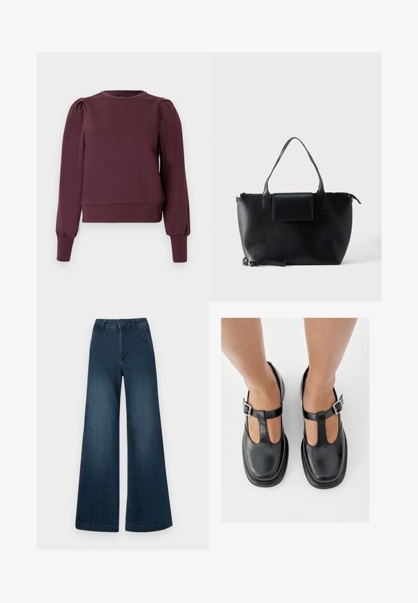 Sweat-shirt bordeaux avec manches longues bouffantes et poignets côtelés. Matière douce, encolure ronde et ourlet ajusté. Texture lisse.; Jean en denim bleu foncé, taille haute et jambes larges, avec poches avant et passants de ceinture sur fond blanc.; Chaussures en cuir noir avec un design à bride en T, bout fermé et accents de boucles argentées. Texture lisse avec un bout arrondi et une semelle plate.; Sac cabas en cuir noir avec deux poignées, une bandoulière amovible, une fermeture à rabat magnétique et une texture lisse. Fermeture supérieure zippée et surpiqûres décoratives.