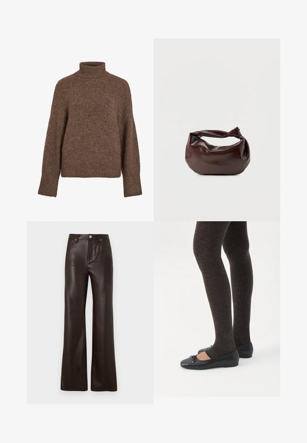 Pull à col roulé marron en matière douce et texturée. Il présente une coupe décontractée, des poignets et un ourlet côtelés, avec un tricotage uniforme sur toute la surface.; Vero Moda Wide-leg VMTESSA High rise - Pantalon classique - chocolate torte; Jambes portant des leggings côtelés foncés associés à des ballerines noires avec de petits détails en nœud sur fond blanc.; Sac bandoulière en cuir marron foncé avec une forme souple et décontractée et une anse nouée torsadée sur un fond blanc uni.