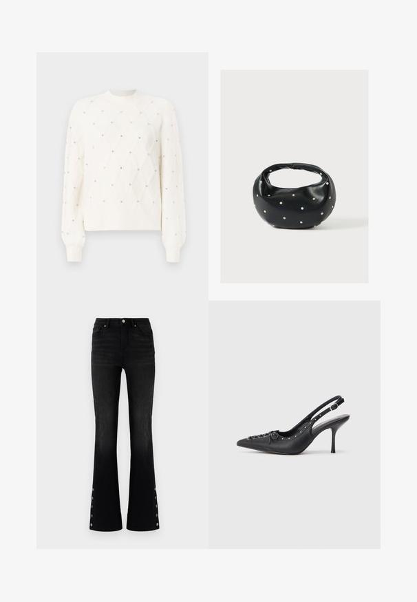 Pull en maille blanche avec un motif en diamant, orné de petits strass. Présente un col rond côtelé et des manches longues.; ONLY ONLWAUW MID WAIST FLARED - Jean flare - washed black; Escarpin en cuir noir à talon aiguille avec un bout pointu, une bride latérale à boucle, des clous le long du bord et un laçage décoratif à l'avant.; Sac à main en cuir noir de forme arrondie, décoré de clous argentés et équipé d'une poignée courte. Texture lisse et fermeture éclair.