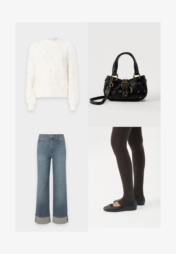 Pull en maille blanche avec un motif en diamant, orné de petits strass. Présente un col rond côtelé et des manches longues.; Des jeans en denim bleu à jambes larges avec une taille haute, des ourlets retroussés avec une accentuation grise, un design à cinq poches et une fermeture à bouton à l'avant.; Jambes portant des leggings côtelés foncés associés à des ballerines noires avec de petits détails en nœud sur fond blanc.; Sac à main en cuir noir avec boucle dorée et détails à rivets, poignées courtes et bandoulière réglable sur fond blanc uni.