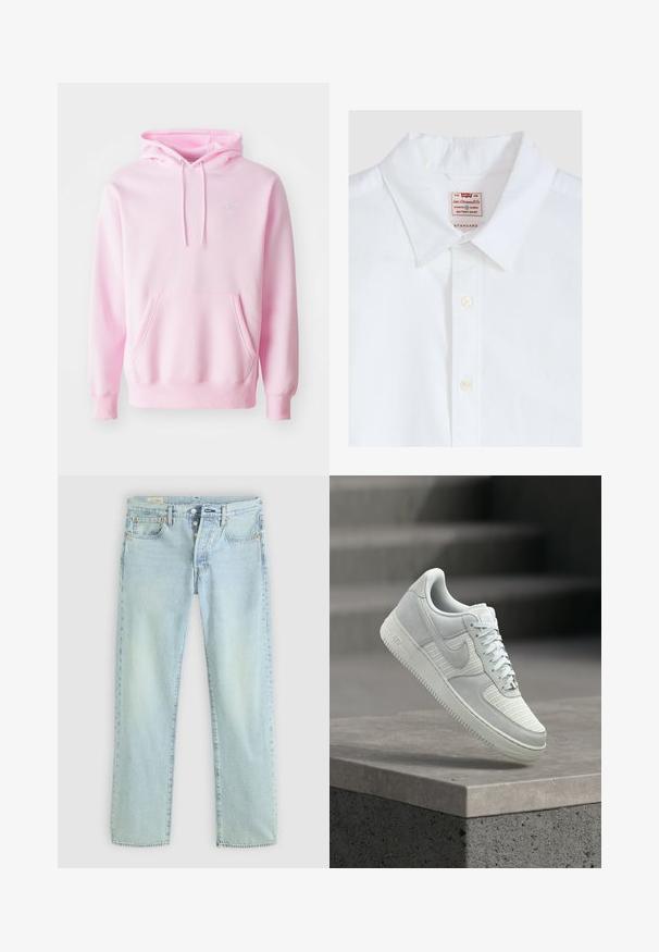 Rosa Kapuzenpullover aus Baumwollmischung, mit Kängurutasche, Zugbändern und einem kleinen weißen Nike-Logo auf der Brust.; Weißes Levi's Hemd mit Knopfleiste, spitzem Kragen und sichtbarem Levi Strauss & Co-Etikett im inneren Nackenbereich.; Helle blaue Denim-Jeans mit geradem Schnitt, fünf Taschen, Knopfverschluss und dezentem Verblassen. Mit Steppdetails und Kupfennieten.; Weißer Nike Air Force 1 Sneaker mit Mesh- und Lederpaneelen, Schnürsenkel gebunden, schwebt über einer Betonplatte vor einem unscharfen Hintergrund aus Treppenstufen.
