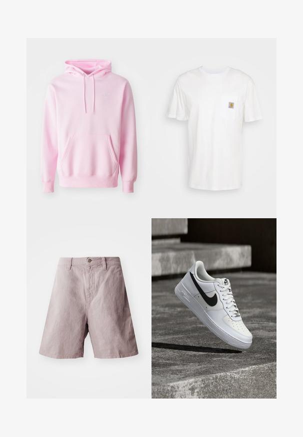 Pink hoodie lavet af en bomuldsblanding, med en kængurulomme, snoretræk og et lille hvidt Nike-logo på brystet.; Hvid bomulds T-shirt med korte ærmer, en brystlomme, og et lille firkantet logo patch i orange og hvid på lommen.; Lys lilla bomulds shorts med flad talje, knop foran og sidelommer. Glat tekstur med en afslappet pasform.; Hvid Nike Air Force 1-sneaker med sort swoosh, snørebånd bundet, placeret i luften over tekstureret betonoverflade udendørs.