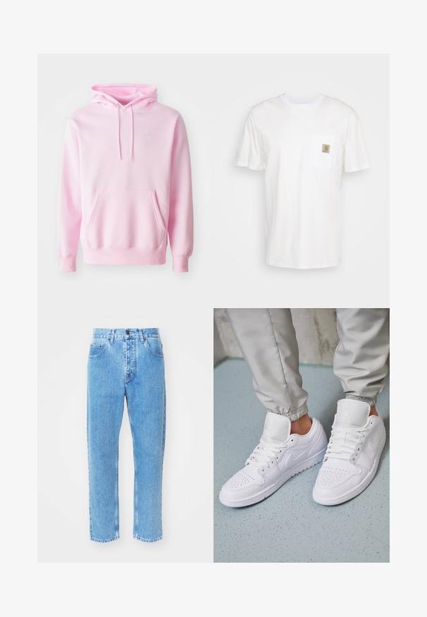 Rosa Kapuzenpullover aus Baumwollmischung, mit Kängurutasche, Zugbändern und einem kleinen weißen Nike-Logo auf der Brust.; Weißes Baumwoll-T-Shirt mit kurzen Ärmeln, einer Brusttasche und einem kleinen quadratischen Logopatch in Orange und Weiß auf der Tasche.; Hellblaue Denim-Jeans verfügen über ein gerades Bein-Design, fünf Taschen und einen klassischen Knopfverschluss am Bund.; Weiße Ledersneaker mit perforierter Zehenbox, flachen Schnürsenkeln, gepolstertem Kragen und dem Jordan-Logo auf der Zunge. Getragen mit grauen Jogginghosen.