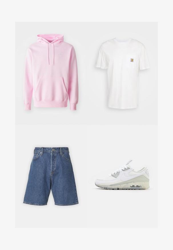 Roze hoodie van een katoenmix, met een kangoeroezak, trekkoorden en een klein wit Nike-logo op de borst.; Witte katoenen t-shirt met korte mouwen, een borstzak en een klein vierkant logo-opdruk in oranje en wit op de zak.; Jack & Jones Denim Loose Fit - Jeansshort - blue denim; Witte Nike Air Max sneakers met een bovenwerk van mesh en synthetische materialen, ronde neus, zichtbare luchtunit en een gevoerd kraag met grijze accenten.
