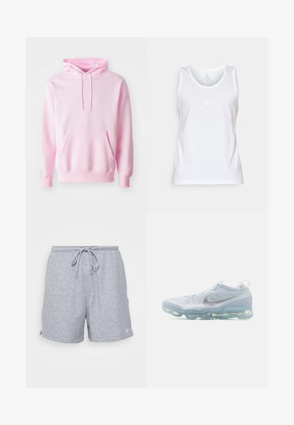 Sudadera rosa hecha de una mezcla de algodón, con un bolsillo tipo canguro, cordones y un pequeño logo de Nike blanco en el pecho.; Camiseta sin mangas de algodón blanca con escote redondo, diseño sin mangas y un pequeño logotipo tonal de Nike en la parte frontal. Textura suave.; Pantalones cortos deportivos de algodón gris con cintura ajustable con cordón, bolsillos laterales y un pequeño logotipo en el dobladillo inferior.; Nike Air Vapor Max, con una parte superior de malla blanca, swoosh plateado y una mediasuela azul translúcida con amortiguación de aire. Diseño ligero y transpirable.