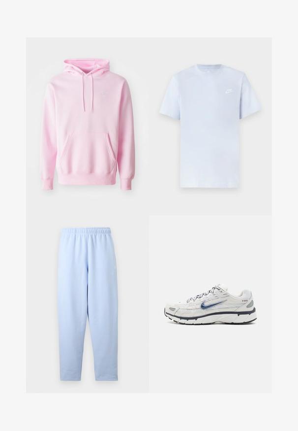 Pink hoodie lavet af en bomuldsblanding, med en kængurulomme, snoretræk og et lille hvidt Nike-logo på brystet.; Lyseblå bomulds t-shirt med korte ærmer, rund hals og et hvidt Nike-logo trykt på venstre bryst. Glat tekstur, simpelt design.; Lyseblå, lige skårne joggingbukser med elastisk taljebånd, subtilt sidelogo og uden synlige lommer eller yderligere detaljer.; Nike Sportswear P 6000 - Sneakers - phantom/obsidian/summit white/white/black/metallic silver