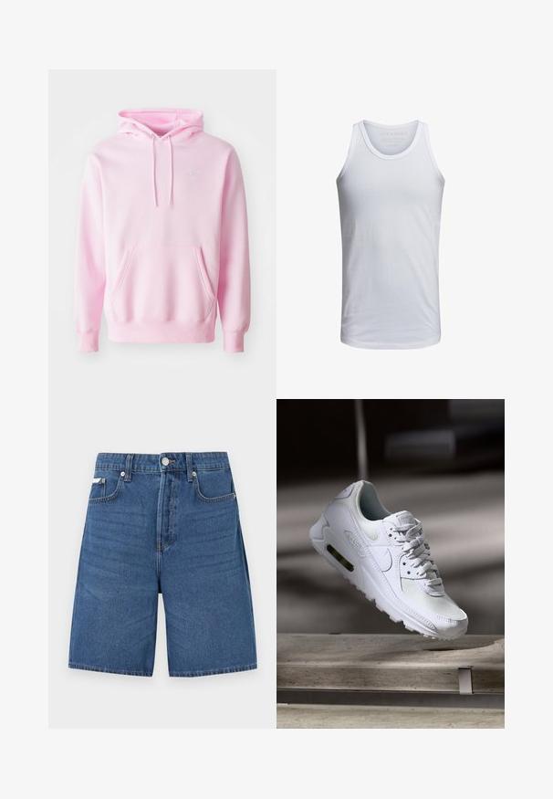 Rosa Kapuzenpullover aus Baumwollmischung, mit Kängurutasche, Zugbändern und einem kleinen weißen Nike-Logo auf der Brust.; Weißes Baumwoll-Tanktop mit Rundhalsausschnitt, breiten Trägern und minimalem Branding, das innen am Kragen aufgedruckt ist. Weicher Stoff, lässige Passform.; Hellblaue Jeansshorts mit Frontreißverschluss, Knopfverschluss, Gürtelschlaufen und fünf Taschen, vor schlichtem weißem Hintergrund dargestellt.; Weiße Nike Air Max 90 Sneaker mit einem Obermaterial aus Mesh und Leder, durchlässigem Zehenbereich und einer sichtbaren Air-Einheit in der Ferse.