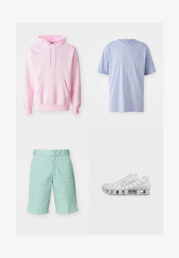 Ružová mikina z bavlnenej zmesi, s klokanním vreckom, šnúrkami a malým bielym logom Nike na hrudi.; Svetlomodré bavlnené tričko s okrúhlym výstrihom a krátkymi rukávmi. Má vystúpené logo "nike" v strede prednej časti. Mäkkučký materiál.; Mintová zelená cargo šortky vyrobené z bavlny, s dvomi bočnými vreckami, rovnou pásovou líniou a prešitými okrajmi. Hladký povrch bez vzorov.; Biela bežecká obuv Nike s viditeľnou vzduchom odpruženou podrážkou a strieborným logom Swoosh na boku, zobrazená z vonkajšej strany.