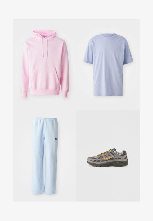 Rosa Kapuzenpullover aus Baumwollmischung, mit Kängurutasche, Zugbändern und einem kleinen weißen Nike-Logo auf der Brust.; Hellblaues Baumwoll-T-Shirt mit Rundhalsausschnitt und kurzen Ärmeln. Mit einem geprägten "Nike"-Logo auf der Vorderseite in der Mitte. Weicher Stoff.; Hellblaue Sweatpants mit einem elastischen Bund, ausgestattet mit einem kleinen roten Nike-Logo und dem Text "Athletic Department". Aus weichem Baumwollmaterial.; Grauer Wildleder-Sneaker mit goldenen Akzenten, strukturierten Einsätzen und passenden Schnürsenkeln. Verfügt über eine gepolsterte Sohle und ein Logodetail an der Seite.