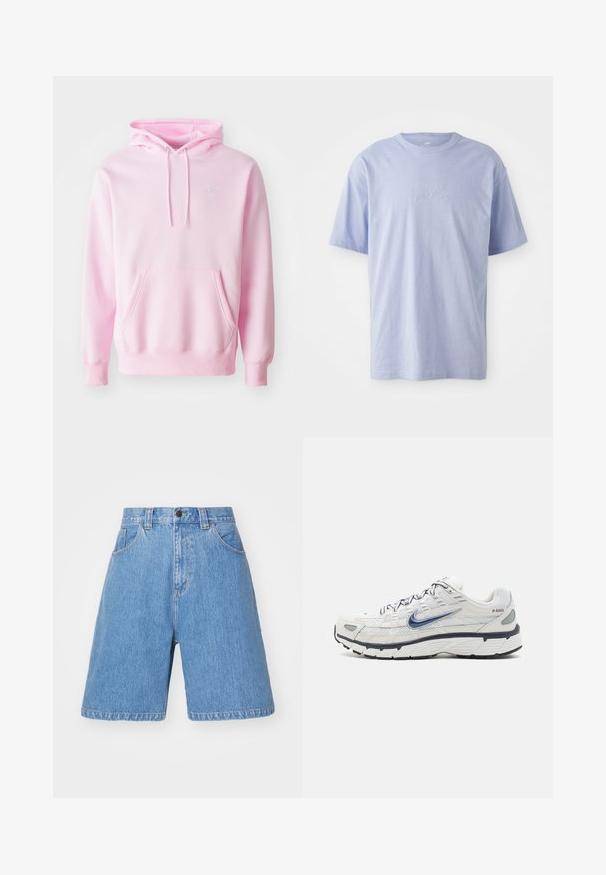 Roze hoodie van een katoenmix, met een kangoeroezak, trekkoorden en een klein wit Nike-logo op de borst.; Lichtblauwe katoenen T-shirt met een ronde hals en korte mouwen. Kenmerkt zich door een reliëf "nike" logo op het midden van de voorkant. Zachte textuur.; Lichtblauwe denimshorts met een losse pasvorm, hoge taille, vijf-pocket ontwerp en subtiele vervaging. Heeft een knoopsluiting en riemlussen.; Nike Sportswear P 6000 - Sneakers laag - phantom/obsidian/summit white/white/black/metallic silver