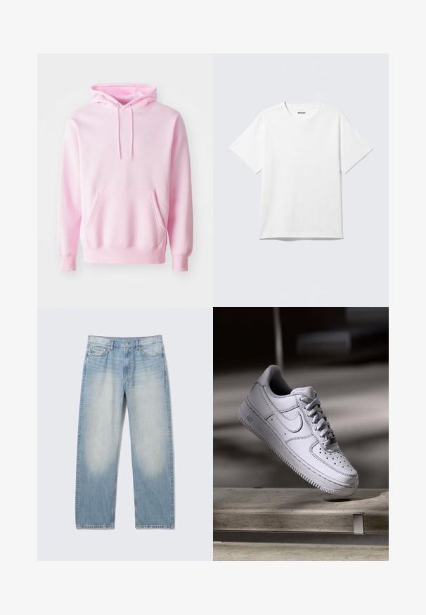 Ružová mikina z bavlnenej zmesi, s klokanním vreckom, šnúrkami a malým bielym logom Nike na hrudi.; Biely krátky rukáv tričko s okrúhlym výstrihom, na rovine, jednoduchý dizajn, so štítkom "WEEKDAY" vo vnútri goliera na svetlom pozadí.; Svetlomodré džínsy rovného strihu s vyblednutými stehennými časťami vpredu, štýl s piatimi vreckami, zapínanie na gombíky a pútka na opasok.; Biely kožený teniska Nike Air Force 1 má perforovanú špičku, ploché šnúrky a štruktúrovanú gumovú podrážku s nápisom „AIR“ na boku.
