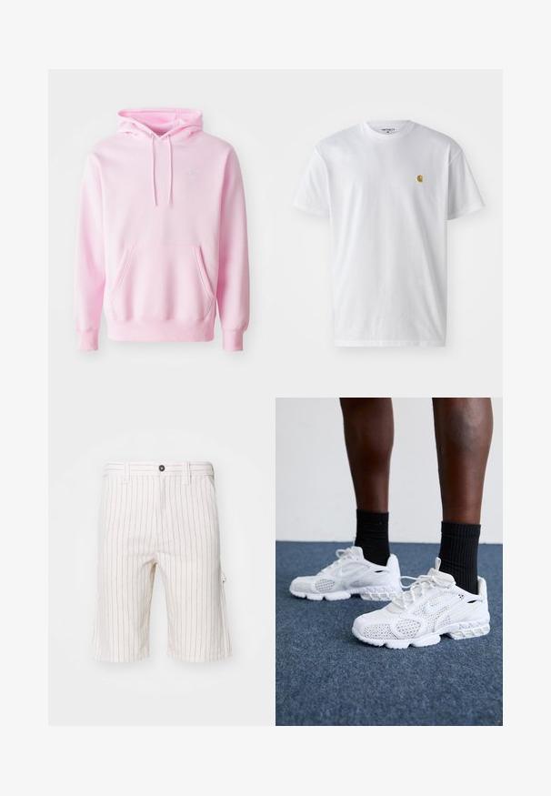 Rosa Kapuzenpullover aus Baumwollmischung, mit Kängurutasche, Zugbändern und einem kleinen weißen Nike-Logo auf der Brust.; Weißes Baumwoll-T-Shirt mit kurzen Ärmeln, Rundhalsausschnitt, mit einem kleinen goldenen Logo im linken Brustbereich. Weicher Stoff und normale Passform.; Weiße Cargo-Shorts mit roten vertikalen Streifen, aus leichtem Stoff gefertigt. Mit Knopfverschluss und Seitentaschen.; Weiße Sportschuhe mit Mesh-Obermaterial, strukturierten Akzenten und gepolsterter Sohle. Kombieirt mit schwarzen gerippten Knöchelsocken auf einer blauen Teppichoberfläche.