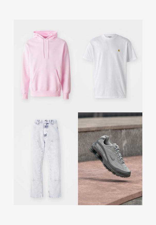 Ružová mikina z bavlnenej zmesi, s klokanním vreckom, šnúrkami a malým bielym logom Nike na hrudi.; Biele bavlnené tričko s krátkymi rukávmi, okrúhlym výstrihom, s malým zlatým logom na ľavej strane hrude. Mäkká textúra a normálny strih.; Svetlo modré denimové rovné nohavice s náprsními vreckami, vysokým pásom a vyblednutým vzhľadom. Obsahuje tónové švíky a voľný strih.; Sivá a biela teniska Nike zavesená nad kamenným schodom s viditeľným vzduchovým odpružením a textúrovanou podrážkou.