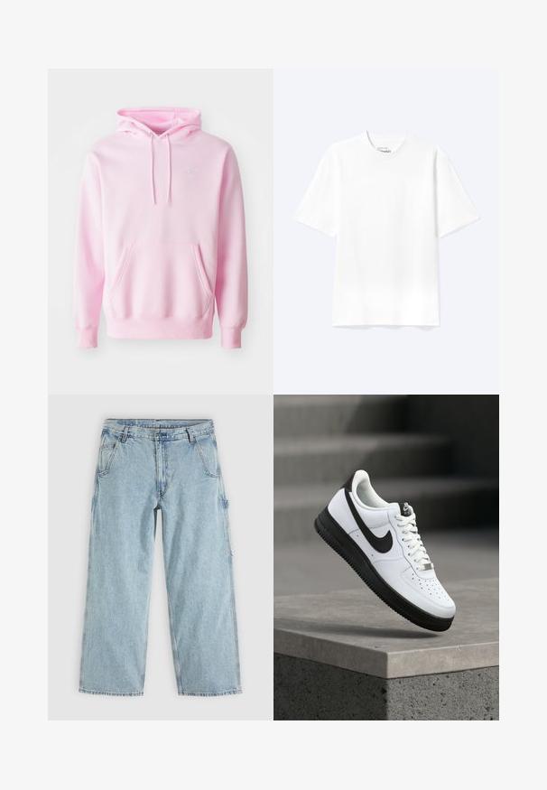 Pink hoodie lavet af en bomuldsblanding, med en kængurulomme, snoretræk og et lille hvidt Nike-logo på brystet.; Enkel hvid T-shirt med korte ærmer og rund hals med afslappet pasform, vist på en lys baggrund.; Lyseblå straight-leg denim jeans med forlommer, bæltestropper, knaplukning og en sidelomme til værktøj.; Hvid lædersneaker med sorte detaljer, rundet tå og perforerede detaljer. Sort gummisål med tekstureret mønster og snørelukning.