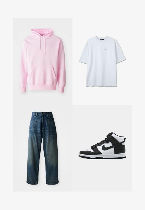 Vaaleanpunainen collegepaita, joka on valmistettu puuvillasekoitteesta. Siinä on kengurun tasku, nyörit ja pieni valkoinen Nike-logo rinnassa.; Valkoinen lyhythihainen T-paita, jossa vasemmassa rinnassa pieni musta "Pegador"-logo, pyöreä kaula-aukko ja rento istuvuus.; Sinisiä farkkuhousuja, joissa on leveät lahkeet ja haalistunut pinta. Varustettu viidellä taskulla, napin suljennalla ja kontrastivärisellä ompeleella. Painava kangas.; Mustavalkoinen korkeavartinen lenkkari, jossa on nahkainen päällinen, reikäkärkikuvio, merkittävä swoosh-logo ja teksturoitu kumipohja.