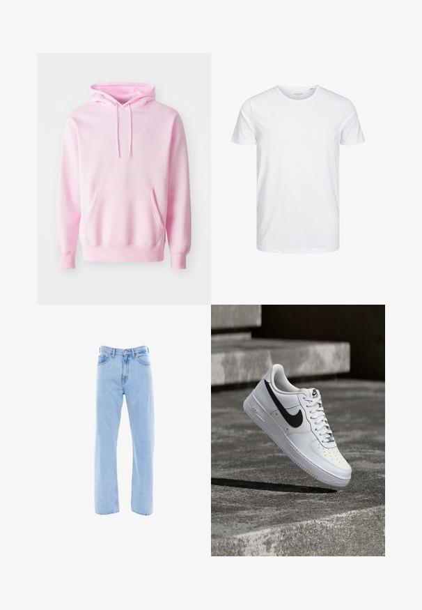 Pink hoodie lavet af en bomuldsblanding, med en kængurulomme, snoretræk og et lille hvidt Nike-logo på brystet.; Rundhals kortærmet t-shirt i ensfarvet hvid, lavet af blød bomuld, har et simpelt design uden synlige mønstre eller detaljer.; Lyseblå denim jeans med lige ben, høj talje, forlommer og klassiske sy detaljer på sømmene og taljebåndet.; Hvid Nike Air Force 1-sneaker med sort swoosh, snørebånd bundet, placeret i luften over tekstureret betonoverflade udendørs.
