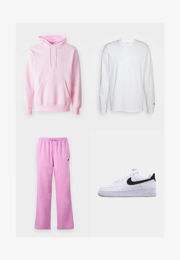 Ružová mikina z bavlnenej zmesi, s klokanním vreckom, šnúrkami a malým bielym logom Nike na hrudi.; Biela dlhá bavlnená tričko s dlhým rukávom. Dizajn s okrúhlym výstrihom a rebrovanými manžetami, malá nášivka na ľavom rukáve. Hladká textura.; Ružové tepláky Nike s elastickým pásom a sťahovacou šnúrkou, rovný strih nohavíc a malým čiernym logom Nike na ľavom stehne.; Biele kožené tenisky s textúrovaným čiernym Swooshom, plochými šnúrkami a gumovou podrážkou s ryhovaným vzorom. Na päte je embosovaný nápis "AIR".