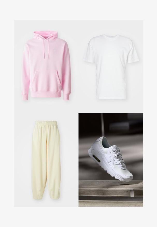 Ružová mikina z bavlnenej zmesi, s klokanním vreckom, šnúrkami a malým bielym logom Nike na hrudi.; Biela bavlnená tričko s krátkymi rukávmi, okrúhlym výstrihom a hladkou textúrou. Jednoduchý dizajn bez vzorov alebo grafiky.; Krémové teplákové nohavice s elastickým pásom, zúženými nohavicami a voľným strihom. Vyrobené z mäkkej, ľahkej látky.; Biele tenisky Nike Air Max 90 s vrchnou časťou z kože a sieťoviny, perforovanou špičkou a viditeľnou vzduchovou jednotkou v päte.