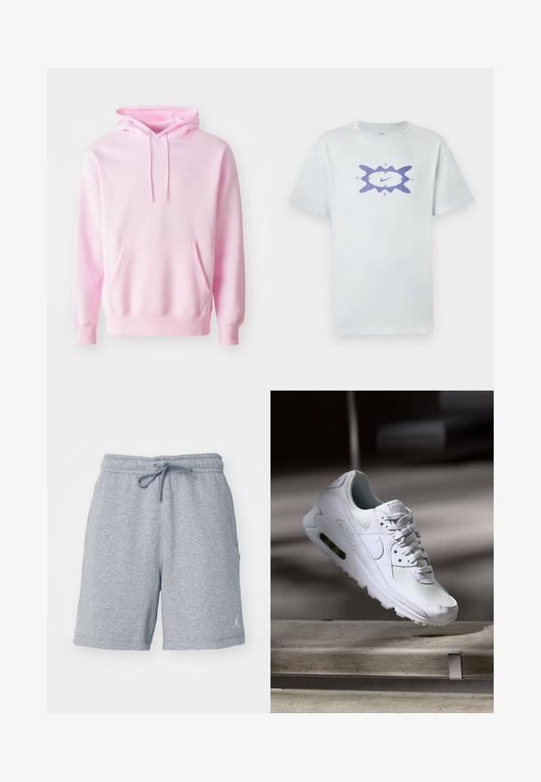 Rosa Kapuzenpullover aus Baumwollmischung, mit Kängurutasche, Zugbändern und einem kleinen weißen Nike-Logo auf der Brust.; Weißes Baumwoll-T-Shirt mit lockerem Schnitt, in der Mitte mit einem lila Grafikdesign versehen, umgeben von einer wellenförmigen Umrandung. Kurze Ärmel.; Graue Sweatshorts aus weichem Stoff, mit einem elastischen Bund und einem Kordelzug sowie einem dezenten Logo auf dem linken Oberschenkel.; Weiße Nike Air Max 90 Sneaker mit einem Obermaterial aus Mesh und Leder, durchlässigem Zehenbereich und einer sichtbaren Air-Einheit in der Ferse.