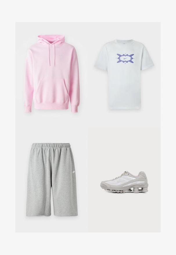 Sudadera rosa hecha de una mezcla de algodón, con un bolsillo tipo canguro, cordones y un pequeño logo de Nike blanco en el pecho.; Camiseta blanca de algodón con un corte holgado, que presenta un diseño gráfico púrpura en el centro, rodeado por un contorno ondulado. Manga corta.; Pantalones cortos de algodón gris con cintura elástica, con un ajuste holgado y un pequeño logotipo blanco cerca del dobladillo. Textura suave, longitud por encima de la rodilla.; Zapatilla deportiva gris y blanca con suela visible de amortiguación de aire y paneles de malla, mostrada de perfil sobre un fondo claro y sencillo.