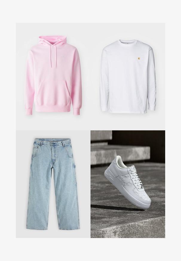 Rosa Kapuzenpullover aus Baumwollmischung, mit Kängurutasche, Zugbändern und einem kleinen weißen Nike-Logo auf der Brust.; Weißes Langarm-T-Shirt aus Baumwolle. Mit kleinem goldenem Logo auf der Brust und Rundhalsausschnitt. Einfaches Design und normale Passform.; Hellblaue Jeans mit geradem Bein, Vordertaschen, Gürtelschlaufen, Knopfverschluss und einer seitlichen Werkzeugschlaufe.; Weißer Nike Air Force 1 Sneaker mit geprägten Sternmustern und einem metallischen Stern-Schnürsenkelanhänger, der über einer Betonoberfläche schwebt.