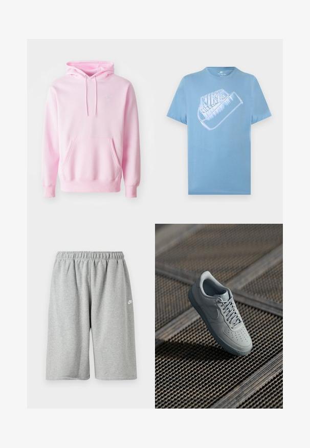 Rosa Kapuzenpullover aus Baumwollmischung, mit Kängurutasche, Zugbändern und einem kleinen weißen Nike-Logo auf der Brust.; Hellblaues Nike-T-Shirt mit kurzen Ärmeln und großem stilisiertem weißen Nike-Logo samt Swoosh-Grafik auf der Brust.; Graue Baumwollshorts mit elastischem Bund, locker geschnitten und einem kleinen weißen Logo nahe dem Saum. Glatte Textur, knielang.; Graue Ledersneaker mit perforierter Zehenpartie, flachen Schnürsenkeln, gepolstertem Schaft und strukturiertem Gummisohle. Verfügt über ein dezentes Branding-Detail.
