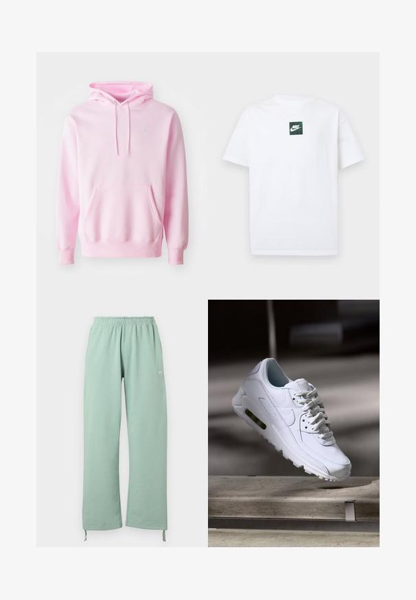 Rosa Kapuzenpullover aus Baumwollmischung, mit Kängurutasche, Zugbändern und einem kleinen weißen Nike-Logo auf der Brust.; Weißes Nike-T-Shirt mit kurzen Ärmeln, versehen mit einem kleinen grünen quadratischen Logo, das den Nike-Swoosh und Text in der Brustmitte zeigt.; Hellgrüne Sweatpants mit weitem Bein, elastischem Bund, Nike-Logo am linken Oberschenkel und verstellbaren Bändern an den Säumen.; Weiße Lederturnschuhe mit strukturierten Oberflächen, gepolstertem Kragen und sichtbarer Luftpolsterung in der Sohle. Verfügt über Schnürsenkel und ein minimalistisches Design.