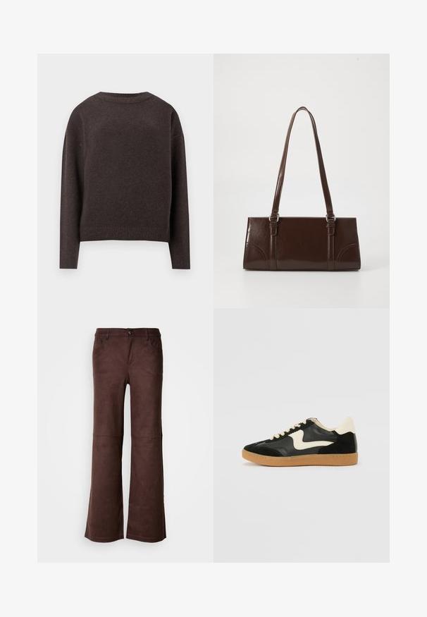 Mørkebrun crewneck sweater med lange ærmer samt ribbede manchetter og nederste kant, vist fra ryggen på en hvid baggrund.; Brune flagrende bukser i et blødt, suede-lignende stof. Har fire lommer, en knaplukning og en glat, tekstureret overflade.; Sorte ruskinds- og lædersneakers med en cremefarvet side-swoosh og lys cremefarvet hæl. Har beige snørebånd og en gummirubber-sål.; Brun lakeret håndtaske med rektangulær form, to lange håndtag og subtile buede detaljer på fronten.