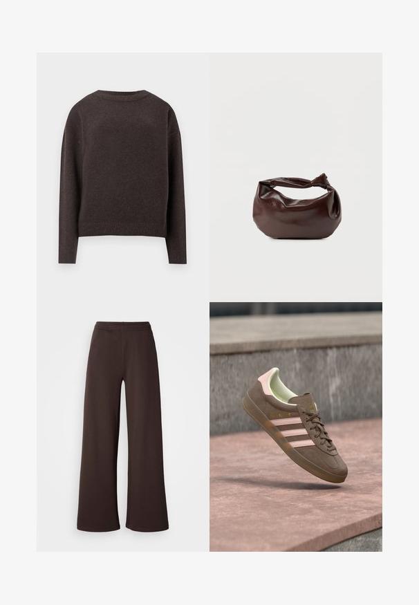 Un pull ras-du-cou brun foncé avec des manches longues et des poignets et un ourlet côtelés, vu de dos sur un fond blanc.; Pantalons larges en marron foncé, fabriqués en tissu doux avec une taille élastique et un ourlet propre, idéaux pour le confort et le style décontracté.; Baskets en daim marron avec des accents roses, trois bandes blanches et un logo jaune. Dotées d'une doublure intérieure douce et d'une semelle en caoutchouc texturée.; Sac bandoulière en cuir marron foncé avec une forme souple et décontractée et une anse nouée torsadée sur un fond blanc uni.