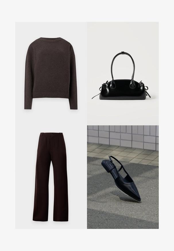 Un pull ras-du-cou brun foncé avec des manches longues et des poignets et un ourlet côtelés, vu de dos sur un fond blanc.; Pantalons larges marron foncé avec zip, fermeture à bouton et passants de ceinture, présentés sur fond uni.; Chaussure plate noire à bout pointu avec bride arrière, flottant au-dessus d'une surface en bitume à côté d'un trottoir carrelé.; Petit sac à main noir brillant avec deux longues anses et des détails à cordon sur les côtés sur un fond clair uni.