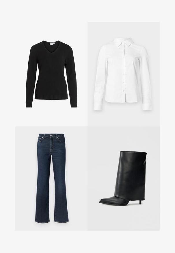 Sort V-hals sweater lavet af blødt stof, med lange ærmer, ribbet kant og manchetter, i et enkelt og klassisk design.; Hvid skjorte med lange ærmer, knapper, spids krave, lige kant og tætsiddende silhuet, vist på en ensartet lys baggrund.; Mørkeblå denim flared jeans med høj talje, design med fem lommer og kontrastsyning. Glat tekstur og bred benåbning i bunden.; Sort læderankelstøvle med et struktureret, ombukket design, spids tå og en tynd hæl. Glat tekstur med minimalt detaljer.