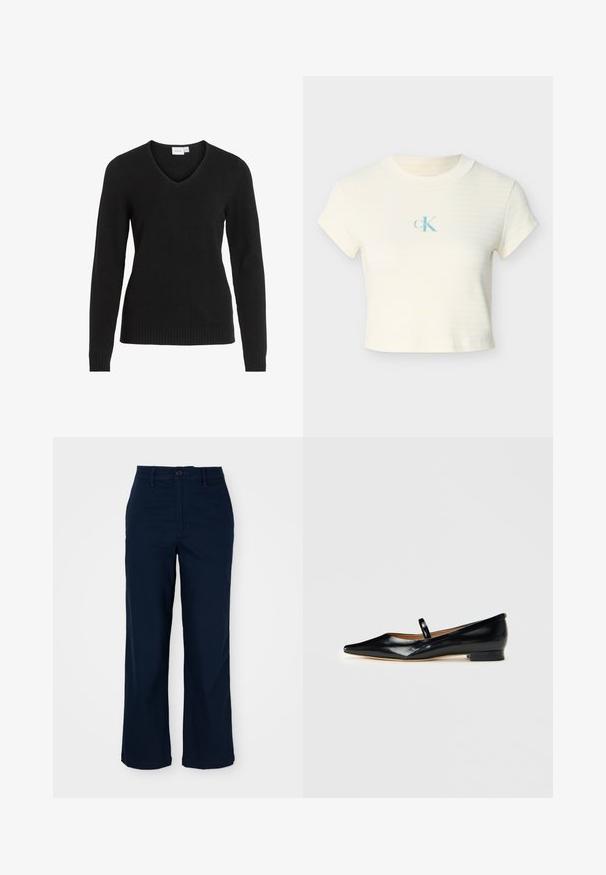 Schwarzer V-Ausschnitt-Pullover aus weichem Material, mit langen Ärmeln, geripptem Saum und Bündchen sowie einem einfachen und klassischen Design.; Gekürztes cremefarbenes T-Shirt mit dezenten gelben Streifen, gerippter Struktur und einem hellblauen Logo in der Mitte der Brust. Kurze Ärmel und Rundhalsausschnitt.; Hose mit weitem Bein in Marineblau aus Baumwolle, mit Knopfverschluss, Vordertaschen und subtilen Steppnähten. Maßgeschneiderter Schnitt für Komfort.; Schwarze Lackleder-Mary-Jane-Ballerinas mit spitzem Schuh und einem einfachen Riemen sowie niedrigem Absatz auf einfarbigem Hintergrund.